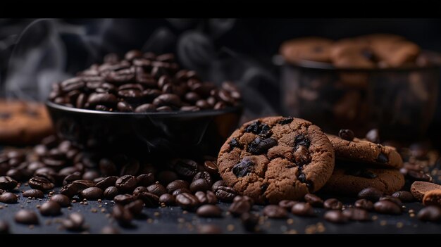 Photo black fried coffee beans in cafe with cookie and cake on dark textured background generative ai