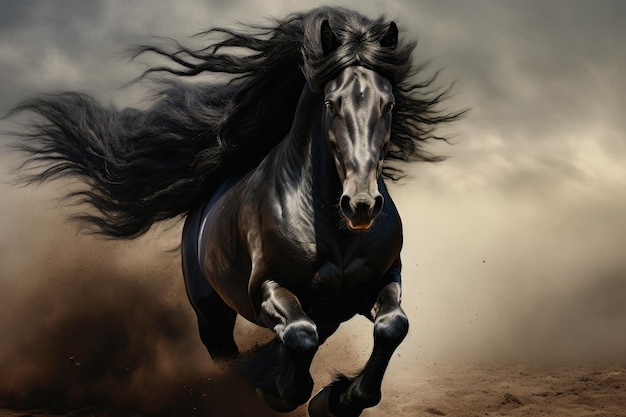 Black friesian stallion running