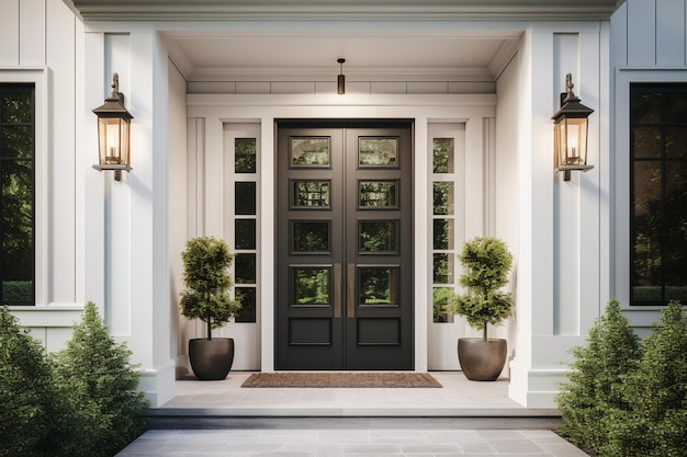 A black front door with a white trim and a lamp on the left side.