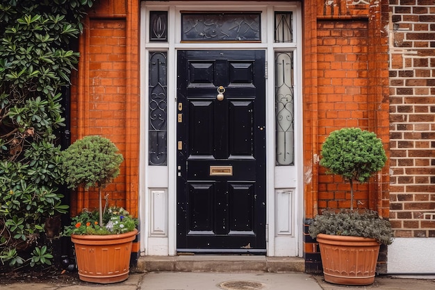 Black front entrance door with floral decoration