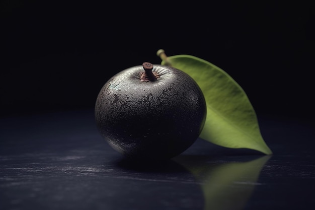 A black fruit with green leaves on a black table.