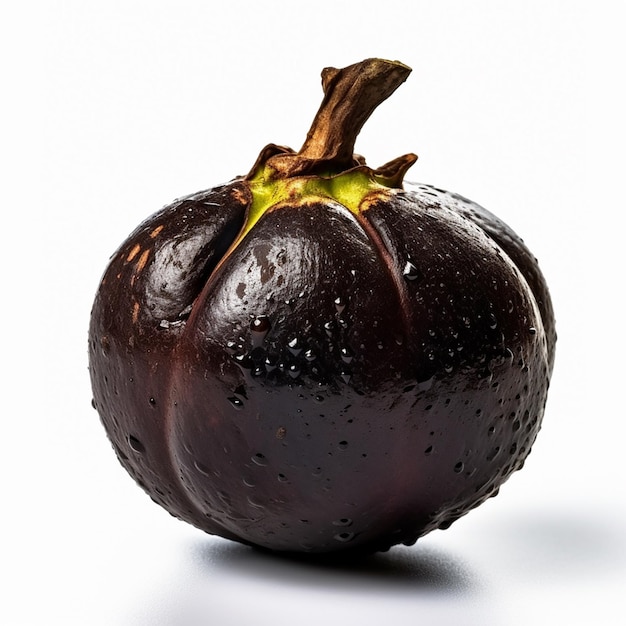 A black fruit with a green stem is on a white background.