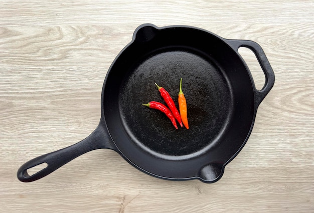 Black frying pan with chilies