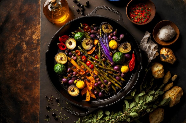 Black frying pan with delicious grilled vegetables on wooden table with seasonings