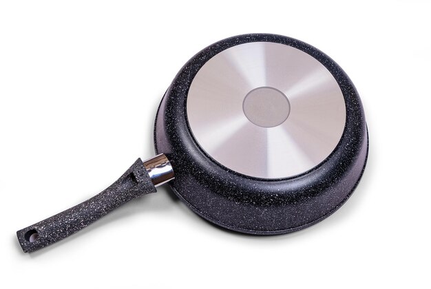 Black frying pan with nonstick coating on a white background