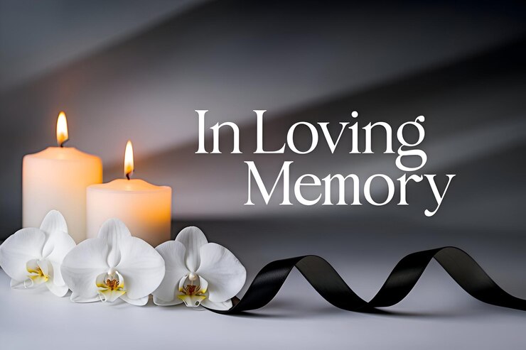 Black funeral ribbon with carnation flowers on dark background