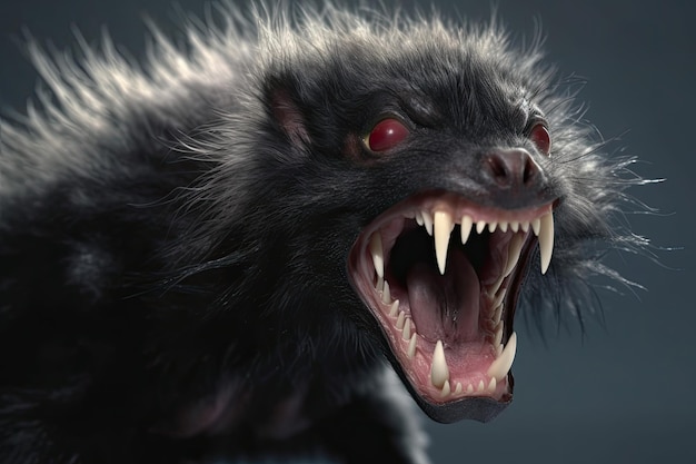 a black furry animal with red eyes and sharp teeth