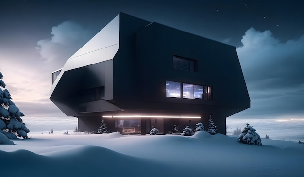 雪のある場所の黒い未来的な家 生成的なAI