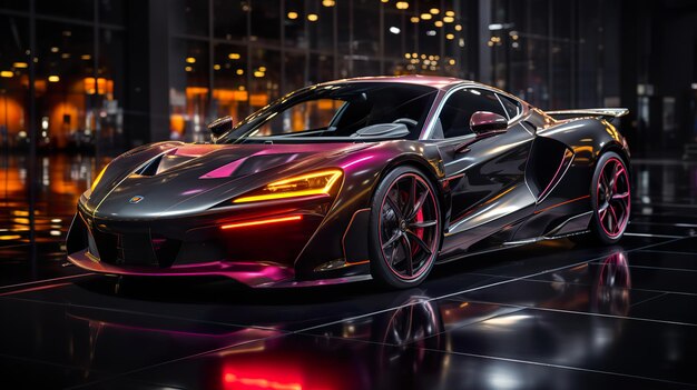 Black Futuristic Super Car in Spotlight Aesthetic Background