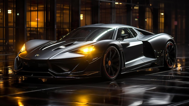 Black Futuristic Super Car in Spotlight Aesthetic Background