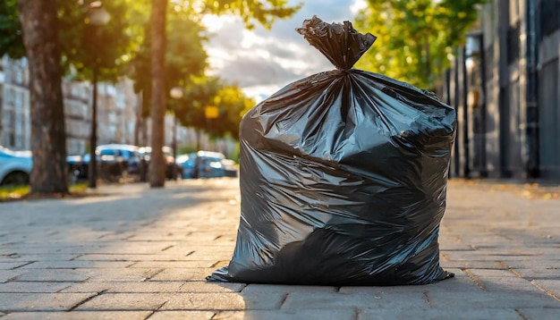 Sacchetto della spazzatura nero in una strada cittadina ambiente pulito conservazione eco-sicura