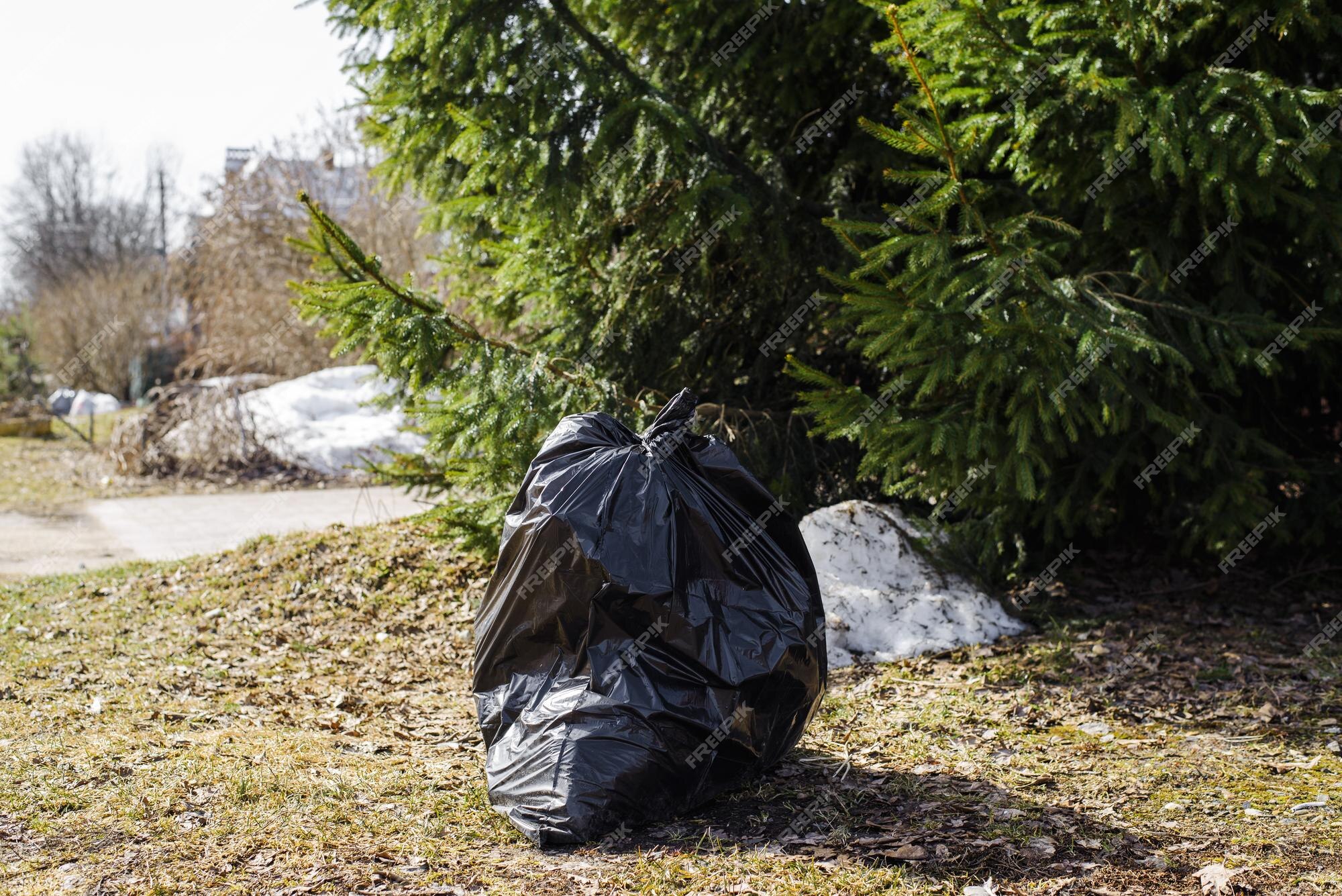 Premium Photo  Black garbage bag standing on the ground near a tree  outdoors