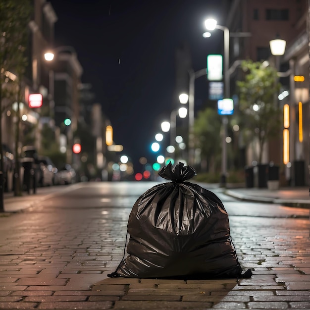 A black garbage bag thrown near the street at night