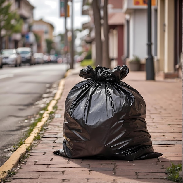 A black garbage bag thrown on the side of the street at night