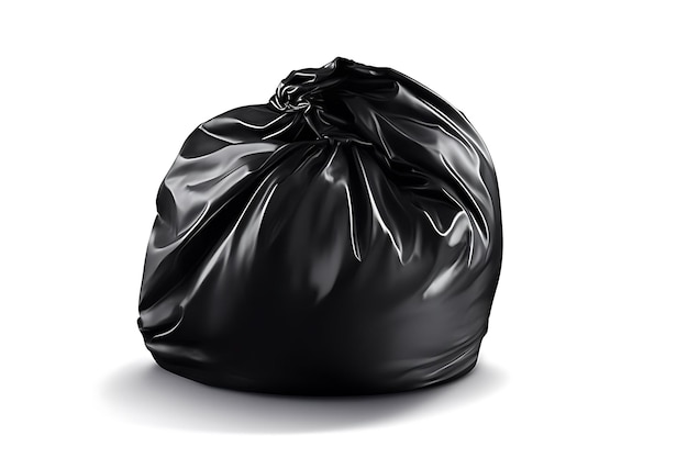 A black garbage bag with a white background