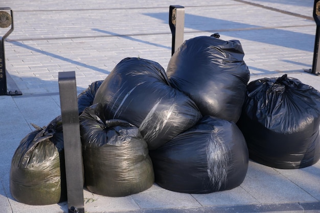 Black garbage bags stack on a park