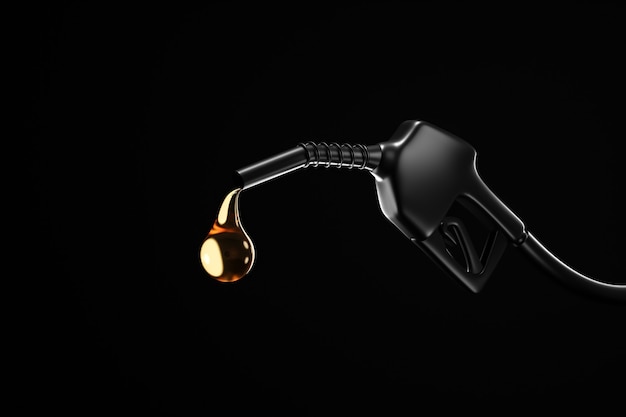 Black gasoline injector fueling oil or pure fuel on dark background. 3D rendering.