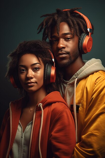 흑인 Z 세대의 커플이 음악을 듣고 있습니다.