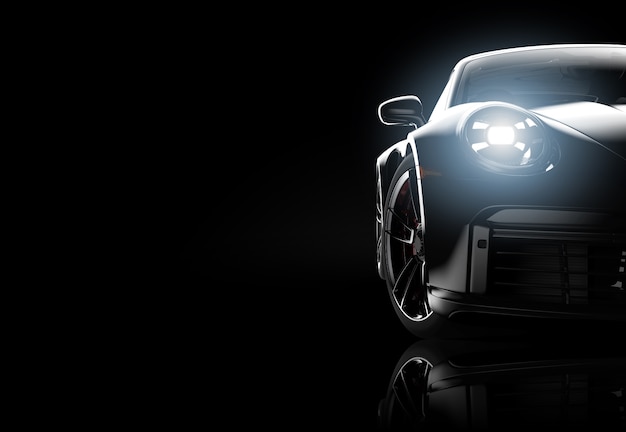 Black generic sport unbranded car isolated on a dark background: 3D illustration