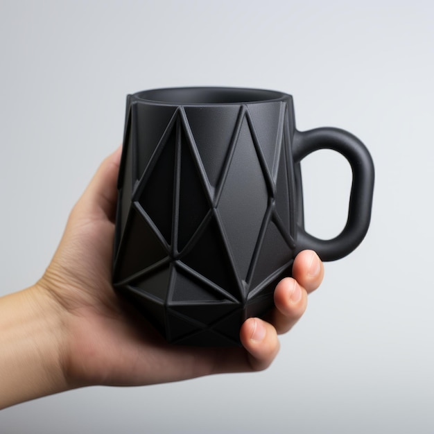 Black Geometric 3d Printed Coffee Mug With Cubist Faceting