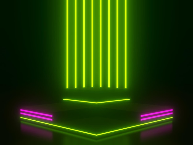 Black geometric podium with green and pink neon lights