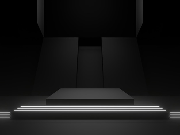 Black geometric podium with white neon lights SciFi mock up