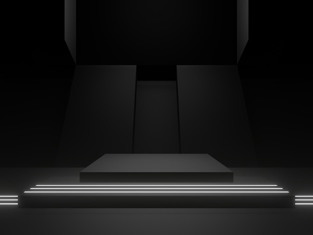 Foto podium geometrico nero con luci al neon bianche scifi mock up