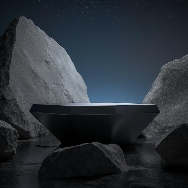 黒い幾何学的な石と夜空の背景にある岩の形状 ポディウムの展示のためのミニマリストのモックアップ