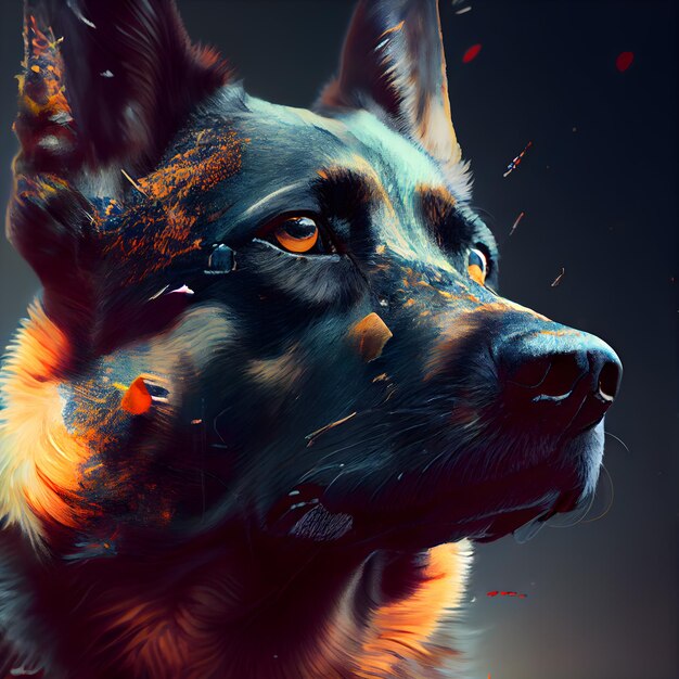 Black German Shepherd dog portrait Digital painting 3D rendering