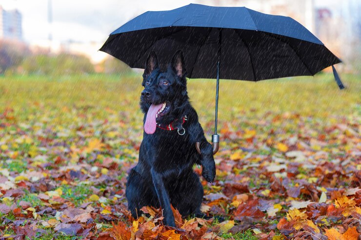 Black german shepherd under an umbrella in autumn park
