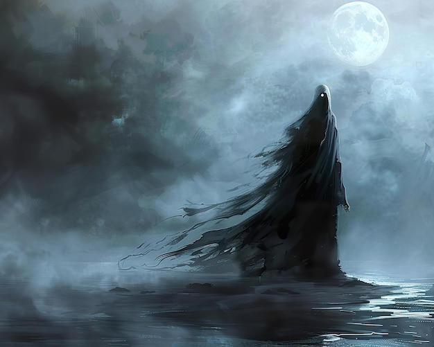 Black Ghost creeping from the waters edge a spectral figure that blurs the line between legend and art moonlit and haunting