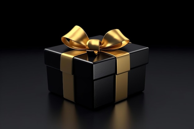Black Gift Box Adorned with a Golden Bow against a Dark Canvas