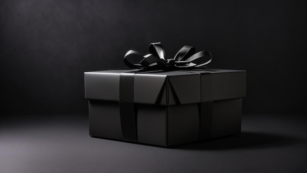 Black gift box on black background backdrop copy space black friday event