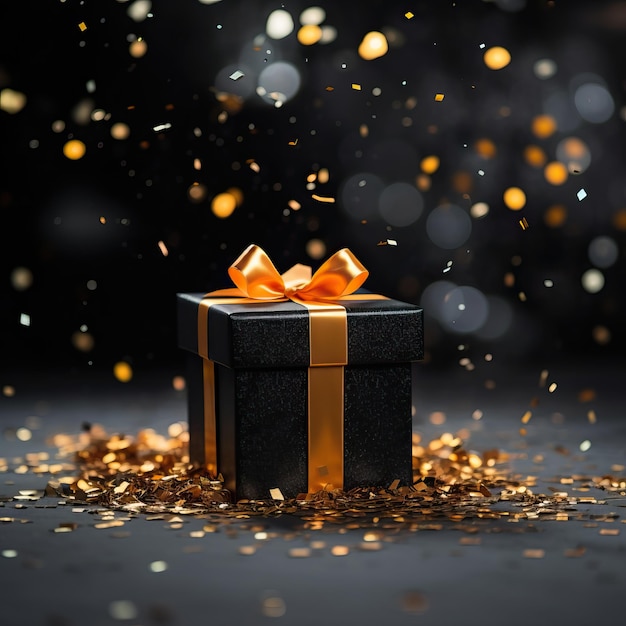 черная подарочная коробка на черном фоне, покрытая золотыми блестками и золотыми конфетти