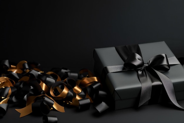 Black gift box on black background with empty space for text