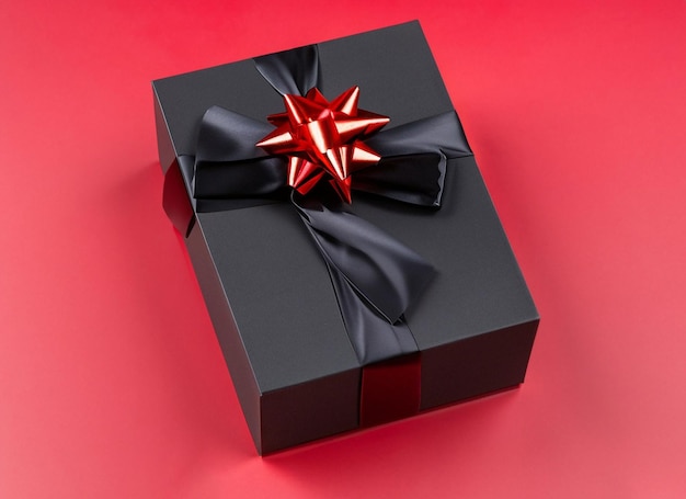 Black gift box on red and black background