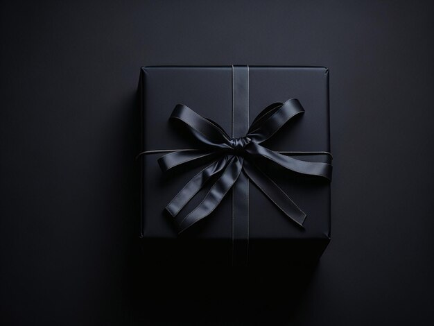 Black gift box with black ribbon on black background Top view