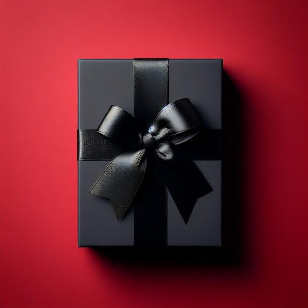 black gift box with bow on red background black friday concept