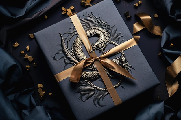 Black gift box with a dragon image Symbol of the new year 2024