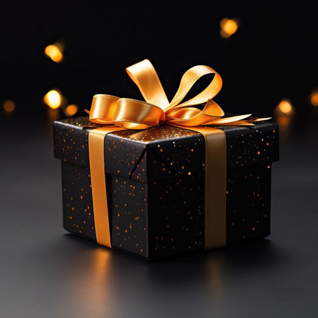 a black gift box with gold glitter on a dark background in the style of dark yellow and orange