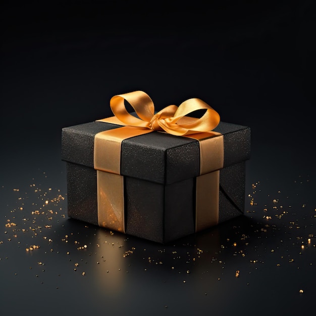 a black gift box with gold glitter on a dark background in the style of dark yellow and orange