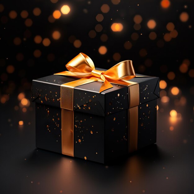 a black gift box with gold glitter on a dark background in the style of dark yellow and orange