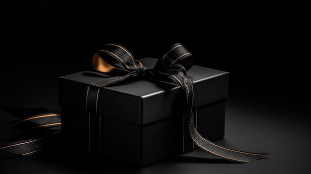 Black gift box with gold ribbon bow on black backgroundgenerative ai