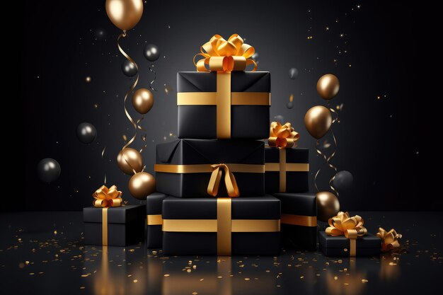 Black gift box with gold ribbon on dark background