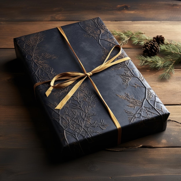 A black gift box with a gold ribbon on a wooden table