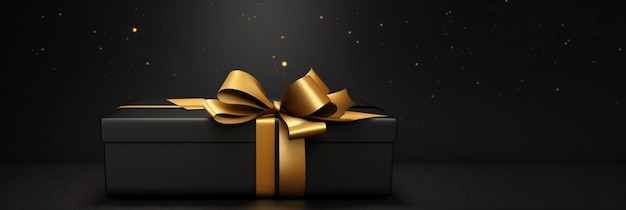 Black gift box with golden bow on black background