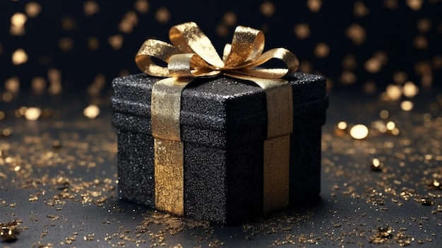 Black gift box with golden bow on bokeh lights background