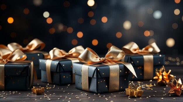 black gift box with golden bow sparkles glitter and tinsel on dark background with bokeh Greeting card generative ai