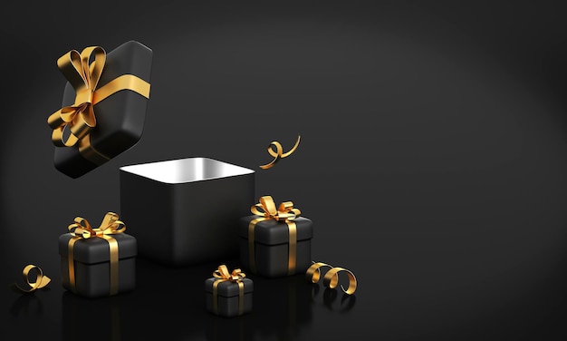 Black gift box with golden ribbon bow on black background