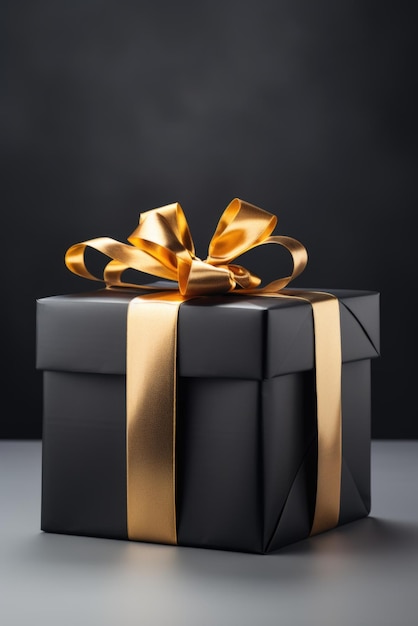 Black gift box with golden ribbon and bow on dark background shopping